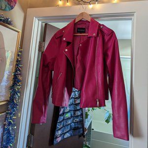 Plus size Magenta vegan leather moto jacket - Eloquii